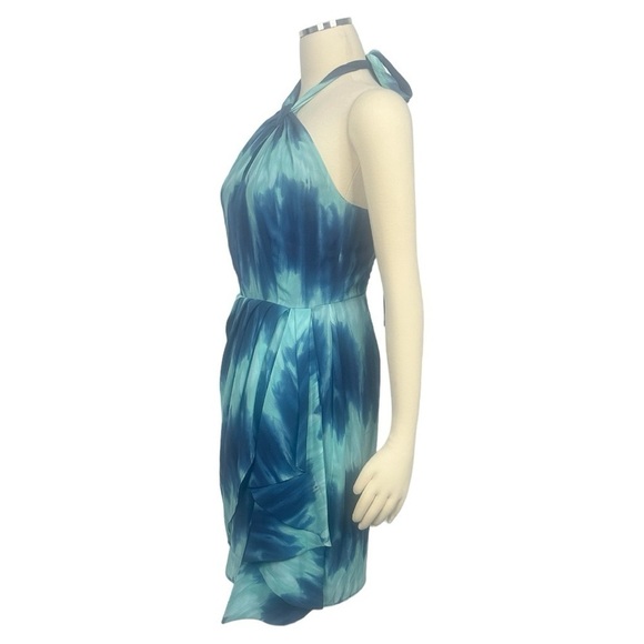TOCCIN Pleated Faux Wrap Blue Ombre Tye Dye Sarong Halter Mini Dress Size 4 NEW - Picture 6 of 10